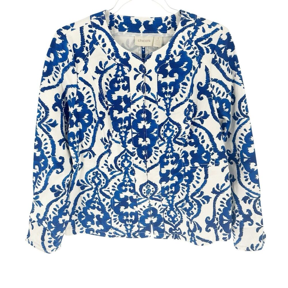 Chicos 1 Jacket Womens Medium Blue White Ikat Blazer Collarless Boho Coastal